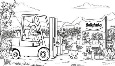 Kleurplaat van een tuincentrum met een persoon op een vorkheftruck, omringd door planten en drie kinderen die tuinieren, met een BolkPlants reclamebord. Een rustige tuinlandschap op de achtergrond.
