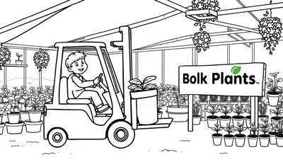 Kleurplaat van een plantenwinkel met kinderen, waarvan een jongen op een heftruck een grote potplant vervoert en overal planten hangen en staan