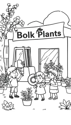 Kleurenplaat van een plantenkwekerij met kinderen die naar planten kijken, naast een heftruck en een gebouw met grote ramen, met het logo Bolk Plants op het dak.