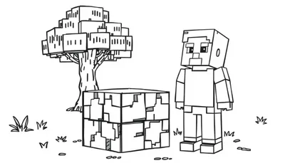 Een kleurplaat met een Minecraft-achtig spielerfiguur, een boom en een blokstructuur op de grond.