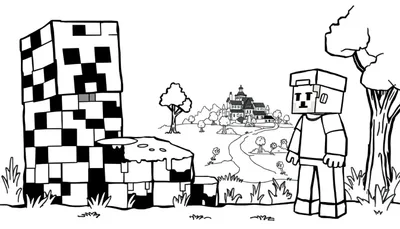 Kleurplaat van een Minecraft-creeper en een speler met een kasteel op de achtergrond