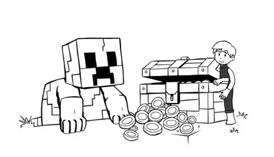 Kleurplaat van een minecraft creeper met een jongen en een schatkist vol munten, allemaal in een speelse cartoonstijl.