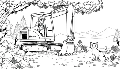 Kleurplaat van een Limach graafmachine in een landschap met bergen, bomen, stenen en een kat die ernaast zit.