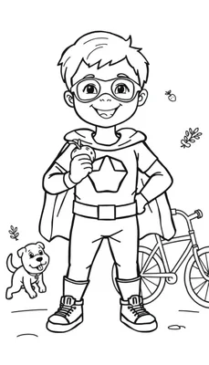 Kleurplaat van een jongen verkleed als superheld die gezond eet en plezier heeft met zijn hondje en fiets.