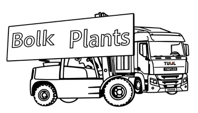 Kleurplaat van een vrachtwagen en een heftruck met een bord voor Bolk Plants. De heftruck tilt het bord, en op de vrachtwagen staan de woorden TUJL en TIMPLEB.