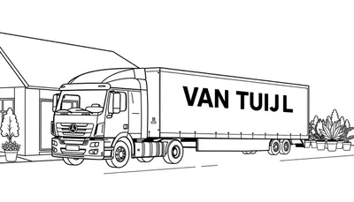 Kleurplaat van een vrachtwagen met trailer van het merk VAN TUIJL die naast een gebouw staat, met planten eromheen.