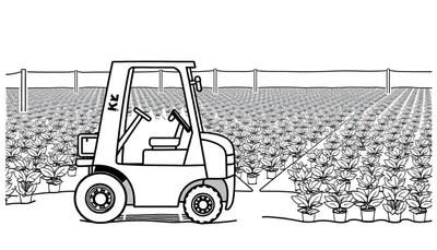Kleurplaat van een landbouwscene met een tractor, planten in potten en een omheining, perfect voor kinderen om in te kleuren.