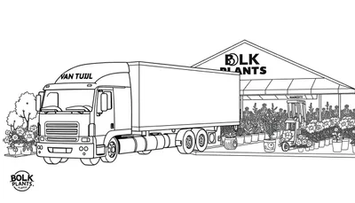 Kleurplaat van een vrachtwagen geparkeerd bij een tuincentrum met planten, een gebouw en een heftruck.