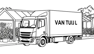 Dit is een kleurplaat van een vrachtwagen met de tekst 'VAN TUIJL' erop die bij een serre of kas staat, vol planten en bloemen, met bomen op de achtergrond.