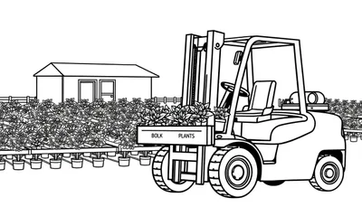 Kleurplaat van een tuinbouwomgeving met een vorkheftruck en plantenpotten, schematisch en zwart-wit.