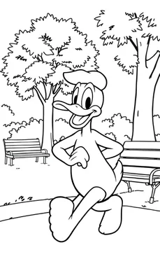 Een vrolijke cartoonachtige eend die wandelt in een park, klaar om ingekleurd te worden als kleurplaat.