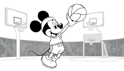 Kleurplaat van een sportieve muis die basketbalt met een basketbal in zijn hand op een basketbalveld, zwart-wit afbeelding.