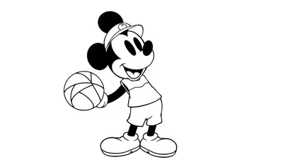 Kleurplaat van Mickey Mouse die sportief een basketbal vasthoudt en glimlacht