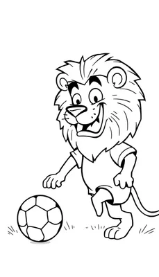 Kleurplaat van een lachende leeuw die met een voetbal speelt en klaar staat om te trappen, buiten op het gras.