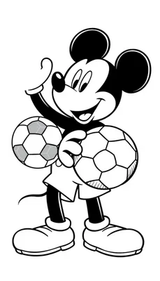 Kleurplaat van een vrolijk cartoonmuisje dat twee voetbalballen vasthoudt en zwaait, perfect voor een kindersportkleurplaat