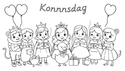 Kleurplaat van een vrolijke groep lachende kinderen in feestkleding met cadeaus, ballonnen, kuikens en een eend, ter gelegenheid van Koningsdag.