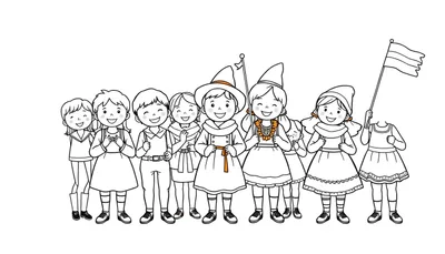 Kleurrijke kleurplaat van vrolijke kinderen in feestkleding die samen spelen en lachen.