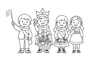 Kleurplaat van vier lachende kinderen in feestkleding, met vlag, kroon, tulpen en sjerpen, klaar voor Koningsdag.