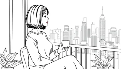 Kleurplaat van een jonge vrouw met bob haar die koffie drinkt op haar balkon in de stad, met planten en een skyline op de achtergrond.