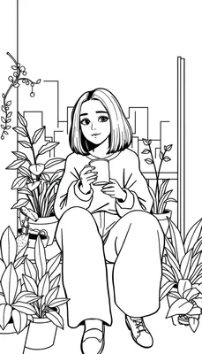 Een kleurplaat van een jonge vrouw met een bob-kapsel die op haar balkon zit, omringd door planten en stadselementen, terwijl ze koffie drinkt.