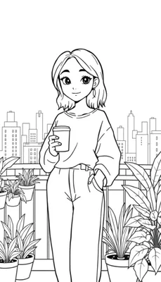 Kleurplaat van een jonge vrouw die op een balkon staat met planten en de stad in de achtergrond.