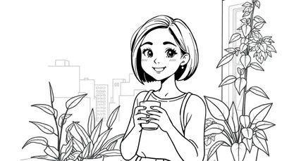 Kleurplaat van een lachend meisje met kort haar die een drinkbeker vasthoudt, met planten en stad op de achtergrond, in manga-achtige stijl.
