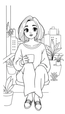 Kleurplaat van een jonge vrouw met bob haar die ontspannen op haar balkon zit met een kopje koffie, omringd door planten en met een stad op de achtergrond.