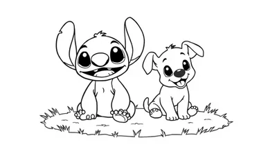 Zwart-witte kleurplaat van een vrolijke alien en puppy die samen op gras zitten, met grote ogen en glimlachen.