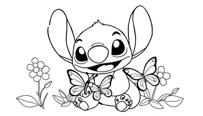 Kleurplaat van een schattig cartoonachtig dier met grote oren, glimlach en bloemen, omringd door vlinders.