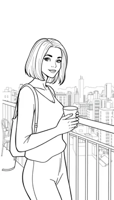 Kleurplaat van een jonge vrouw met kort haar op een balkon met uitzicht op de stad, terwijl ze koffie drinkt en een rugtas draagt.