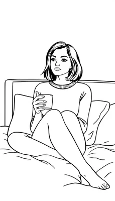 Kleurplaat van een jonge vrouw met een kort bob kapsel die ontspannen in bed zit en een mok vasthoudt.