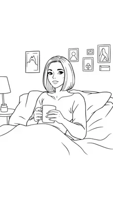 Kleurplaat van een vrouw in bed die met haar bob-kapsel en hoog voorhoofd koffie drinkt, met foto's aan de muur en een lamp op het tafelletje, alles in zwart-wit lijnen.