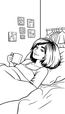 Kleurplaat van een vrouw die ontspannen in bed zit, met een mok, in haar slaapkamer met kledingrek en foto's aan de muur.