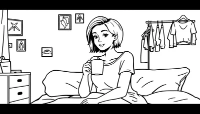 Kleurplaat van een gezellige slaapkamer met een jonge vrouw die in bed zit en koffie drinkt, muur met decoraties en een kledingrek