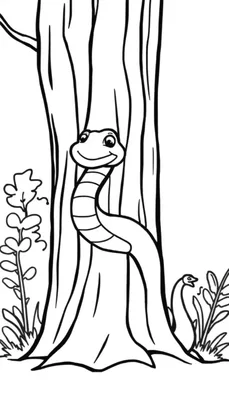Kleurplaat van een slang in een boom met een kleine slang ernaast. De slang heeft een glimlach en grote ogen. Er staan planten en bladeren rondom de boom.