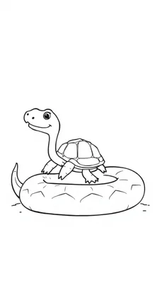 Zwart-wit kleurplaat van een schildpad die op een slang zit, met een vrolijk gezicht.