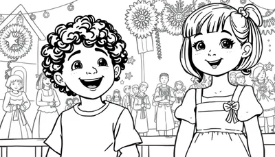Kleurplaat van twee lachende kinderen, een jongetje met krullend haar en een meisje met steil haar in een feestelijke scène met mensen in traditionele kleding en feestversieringen.