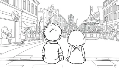 Kleurplaat van twee kinderen die naar een feestelijke parade kijken in de stad, met een versierde kar en mensen langs de straat.