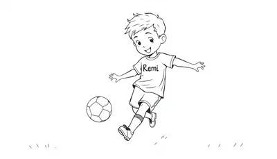 Kleurplaat van een lachend kind dat voetbalt, met 'Remi' op zijn shirt, getekend in zwart-wit.
