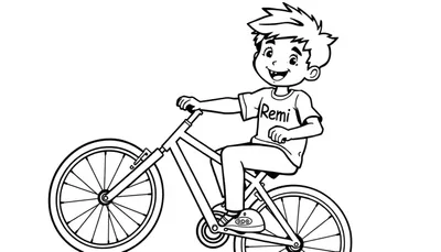 Kleurplaat van een lachende jongen van 6 jaar die op een fiets rijdt, met 'Remi' op zijn shirt.