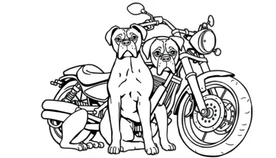 Kleurplaat van twee honden die voor een motorfiets zitten, met een minimalistisch en zwart-wit ontwerp.