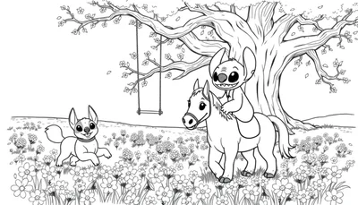 Een kleurplaat van Stitch, die op een paard rijdt, terwijl een hond vrolijk in een bloemenweide loopt in een speelse natuur. Een grote boom met een schommel staat op de achtergrond.