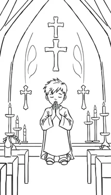 Kleurplaat van een jong kind dat knielt en bidt in de kerk, met gesloten ogen en gevouwen handen, op de achtergrond bogen en kaarsen. Een mooie kleurplaat voor kinderen.