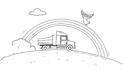 Kleurplaat van een vrachtwagen die over een regenboog rijdt, met een engel die vliegt en een wolk en struiken op de heuvels.