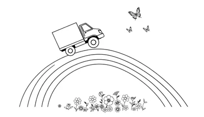 Een kleurplaat van een vrachtwagen die over een regenboog rijdt, met bloemen onder en vlinders in de lucht.