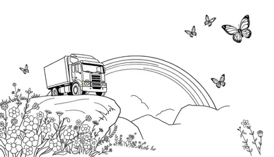 Kleurplaat van een vrachtwagen op een klif met een regenboog, vlinders, bloemen, bergen en wolken.