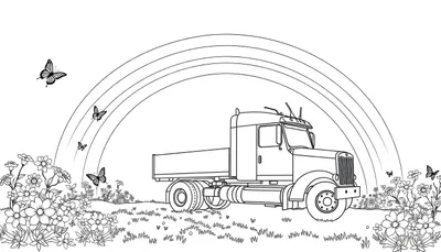 Een kleurplaat van een landschap met een grote vrachtwagen op een regenboog, bloemen, gras en vliegende vlinders.