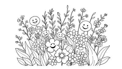 Kleurplaat met bloemen en lachende gezichtjes
