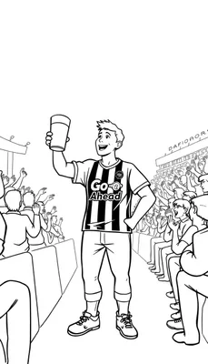 Kleurplaat van een blije supporter met een biertje tijdens een voetbalwedstrijd