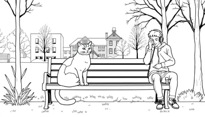 Kleurplaat van een park met een bankje, een kat en een jongen met koptelefoon